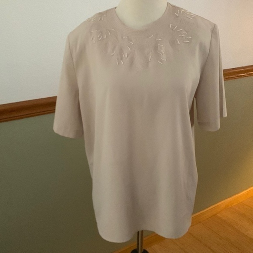 Laura Scott Vintage Cream Beaded Embroidered Short Sleeve Blouse Medium